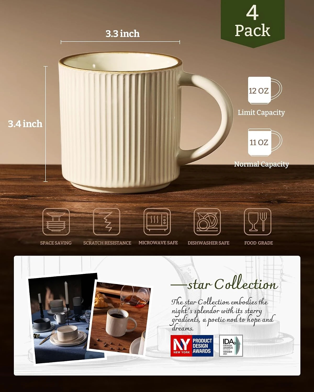 Famiware Star Line Ceramic Coffee Mugs, Set of 4 - Vanilla White - image 4