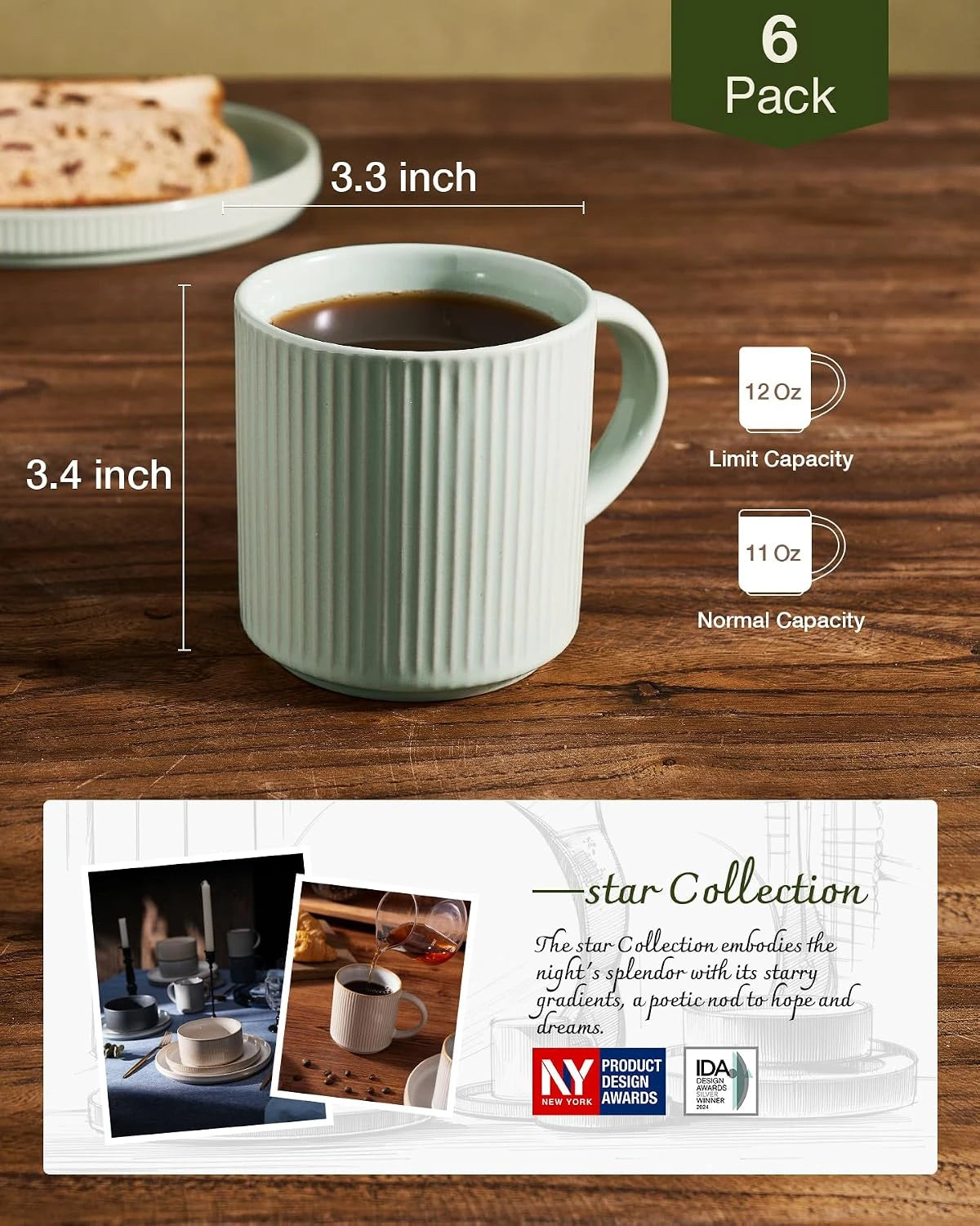 Famiware Star Line Ceramic Coffee Mugs, Set of 6 - Green - image 5