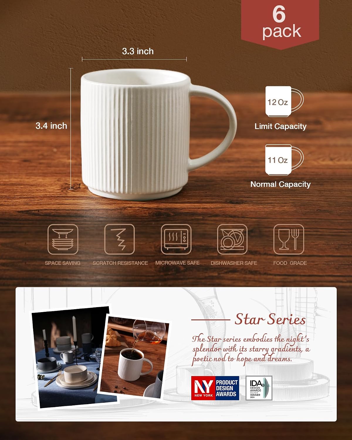 Tazas de café de cerámica Famiware Star, juego de 6