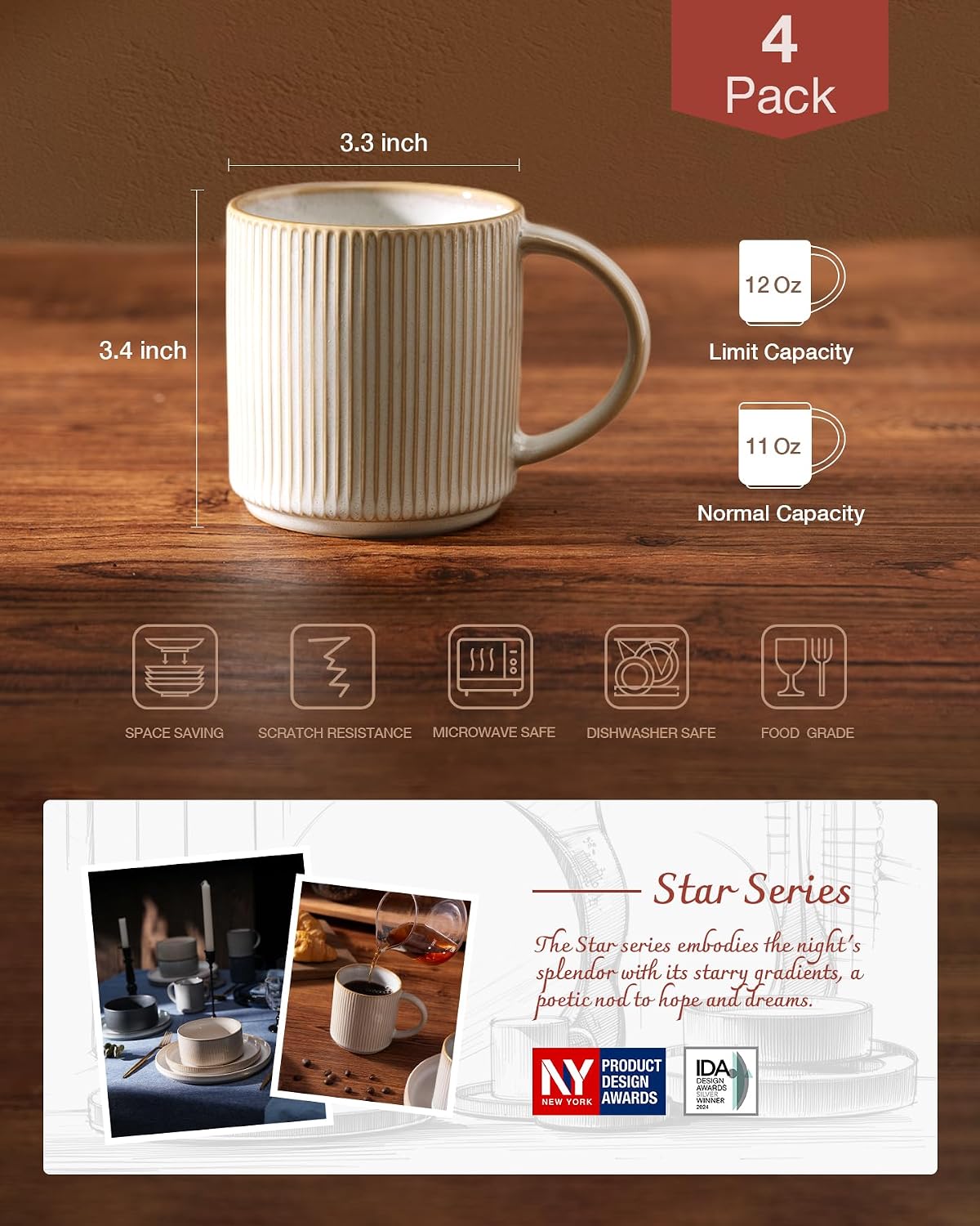 Tazas de café de cerámica Star de Famiware, juego de 4